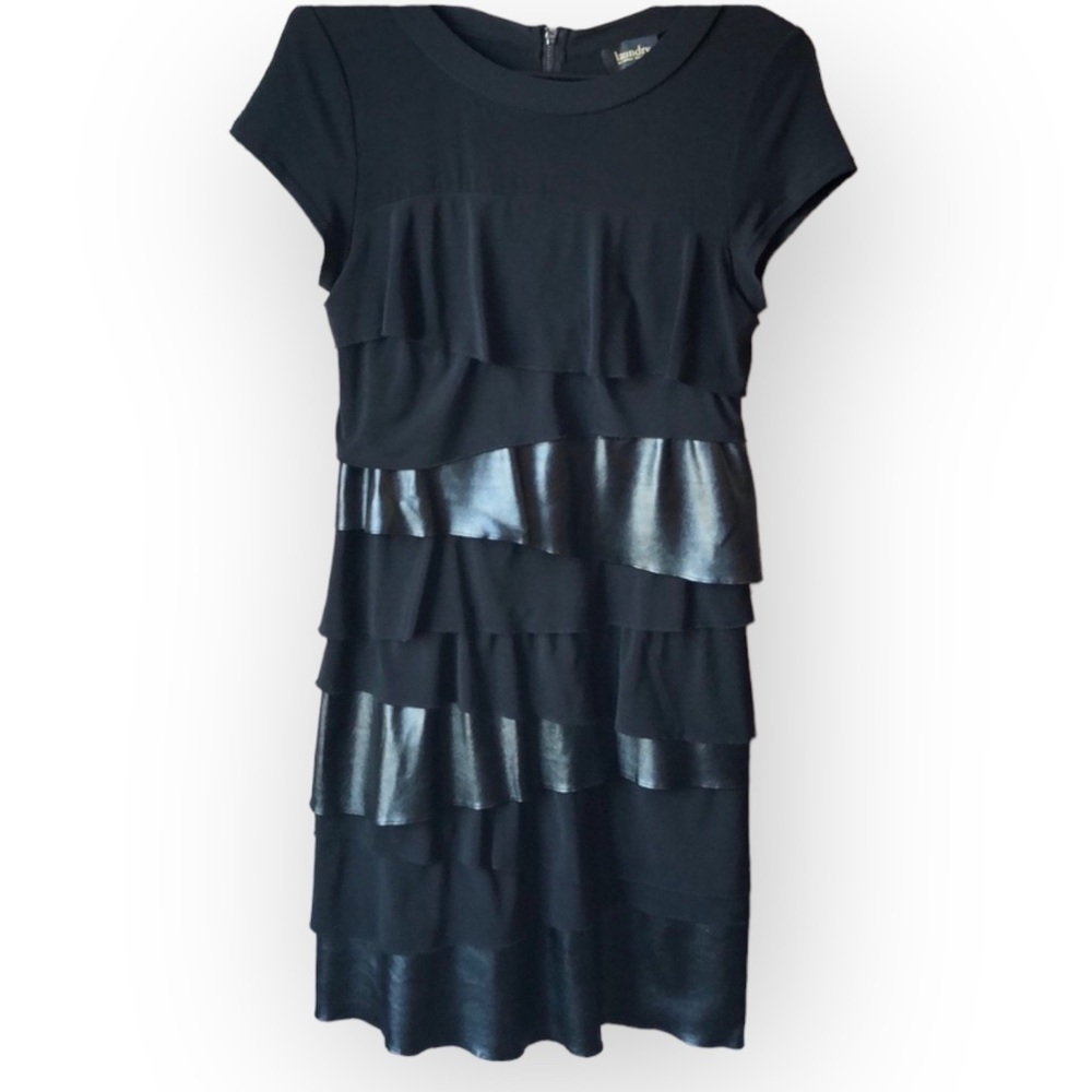 LAUNDRY by Shelli Segal Dress Size 8 Ruffled Layers Faux Leather Cap Sleeves